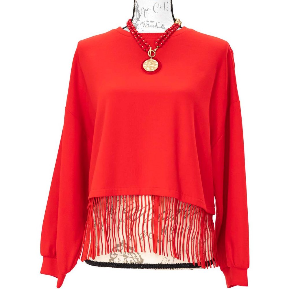 1673-Cloud Ten Red Long Sleeve Fringe Top
